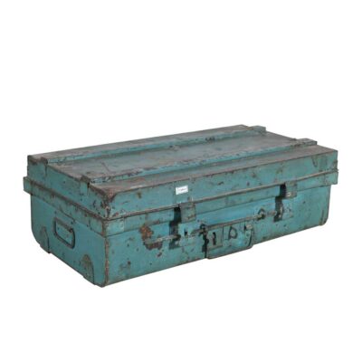 Vintage Turquoise Blue Indian Iron Train Travel Case Chest Coffee Table – c.1930
