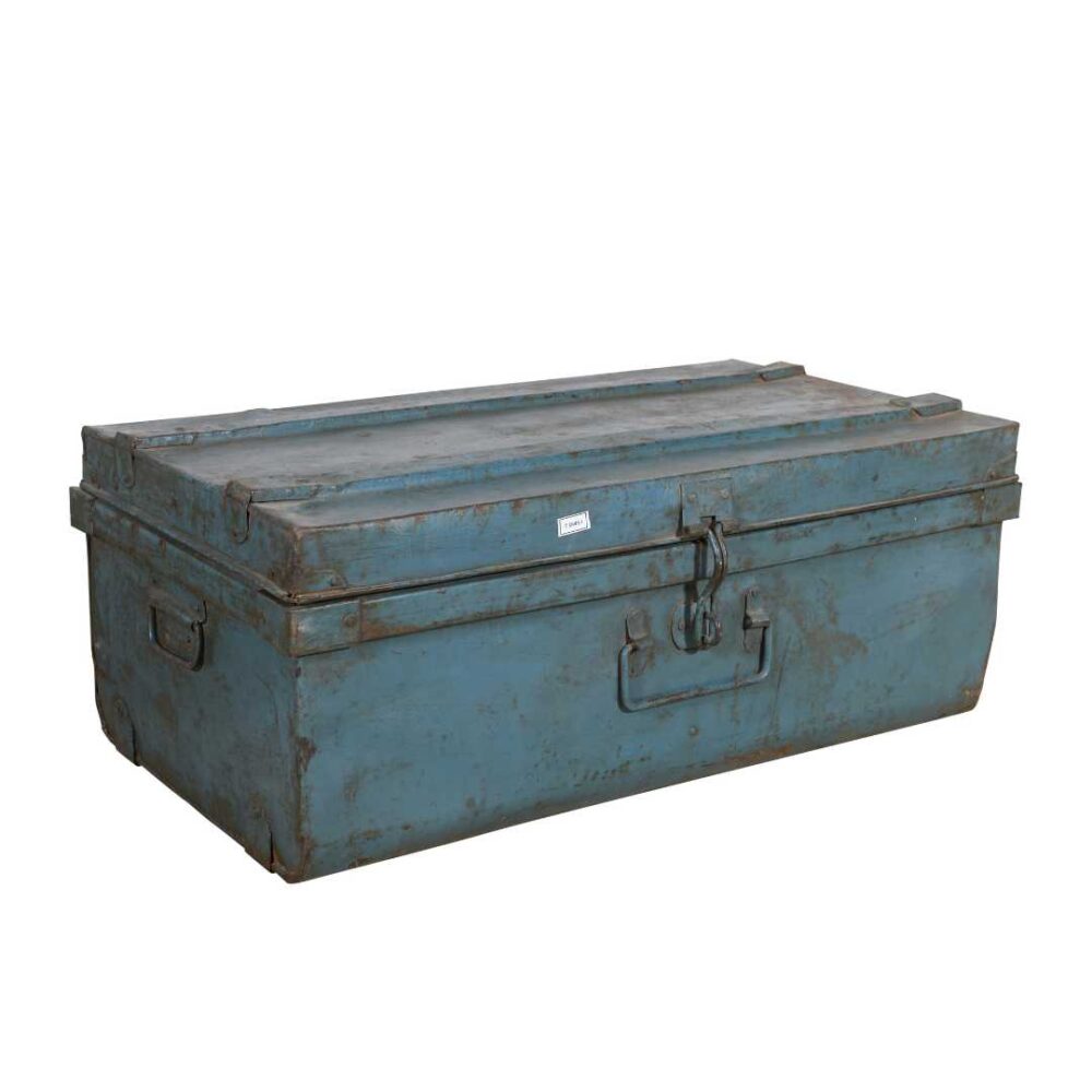 Vintage Powder Blue Indian Iron Train Travel Case Chest Coffee Table – c.1930