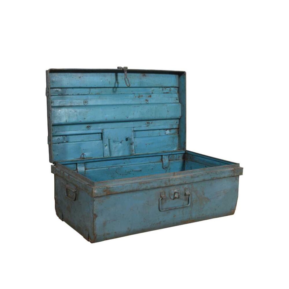 Vintage Powder Blue Indian Iron Train Travel Case Chest Coffee Table – c.1930 - Image 2