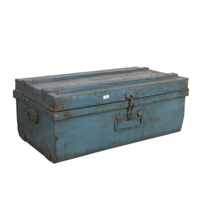 Vintage Powder Blue Indian Iron Train Travel Case Chest Coffee Table – c.1930