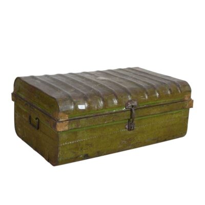 Vintage Olive Green Indian Iron Train Travel Case Chest Coffee Table – c.1930