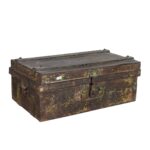 Vintage Moss Green & Bronze Indian Iron Train Travel Case Chest Coffee Table – c.1930