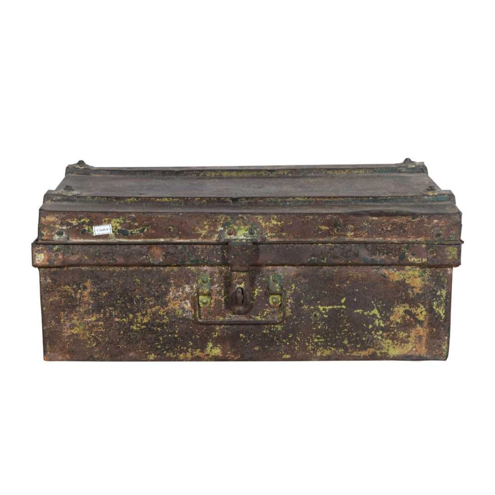 Vintage Moss Green & Bronze Indian Iron Train Travel Case Chest Coffee Table – c.1930 - Image 3