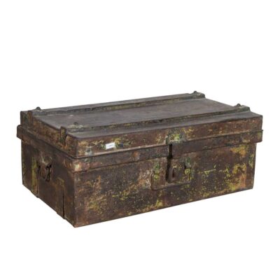 Vintage Moss Green & Bronze Indian Iron Train Travel Case Chest Coffee Table – c.1930
