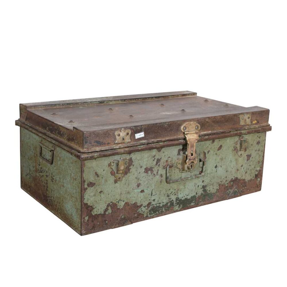 Vintage Sage Green & Rustic Iron Indian Train Travel Case Chest Coffee Table – c.1930