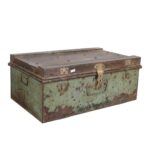Vintage Sage Green & Rustic Iron Indian Train Travel Case Chest Coffee Table – c.1930