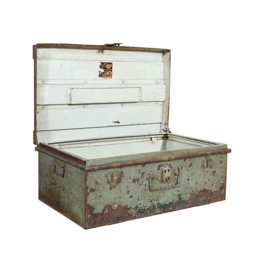 Vintage Sage Green & Rustic Iron Indian Train Travel Case Chest Coffee Table – c.1930 - Image 2