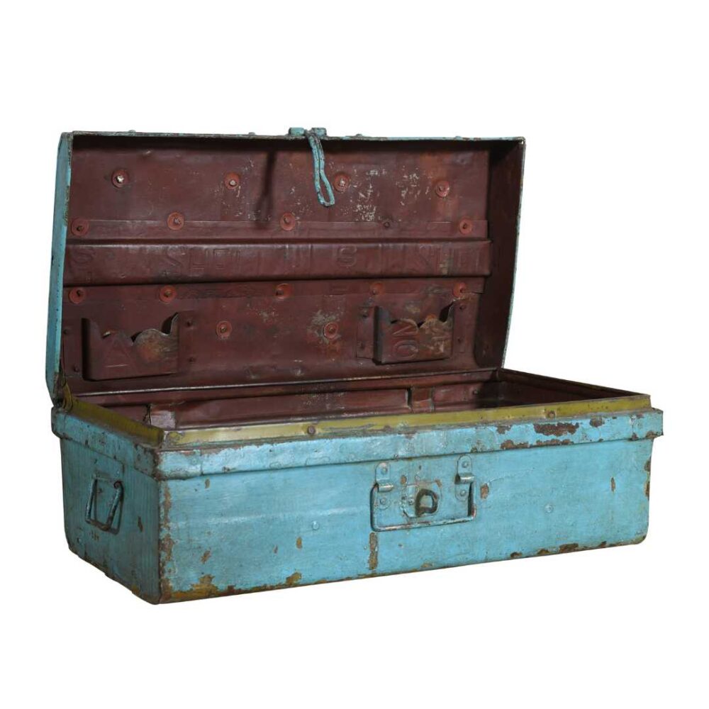 Vintage Turquoise Blue Indian Iron Train Travel Case Chest Coffee Table – c.1930 - Image 2