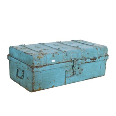 Vintage Turquoise Blue Indian Iron Train Travel Case Chest Coffee Table – c.1930