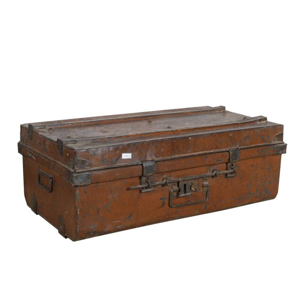 Vintage Burnt Sienna & Turquoise Blue Indian Iron Train Travel Case Chest Coffee Table – c.1930 - Image 2