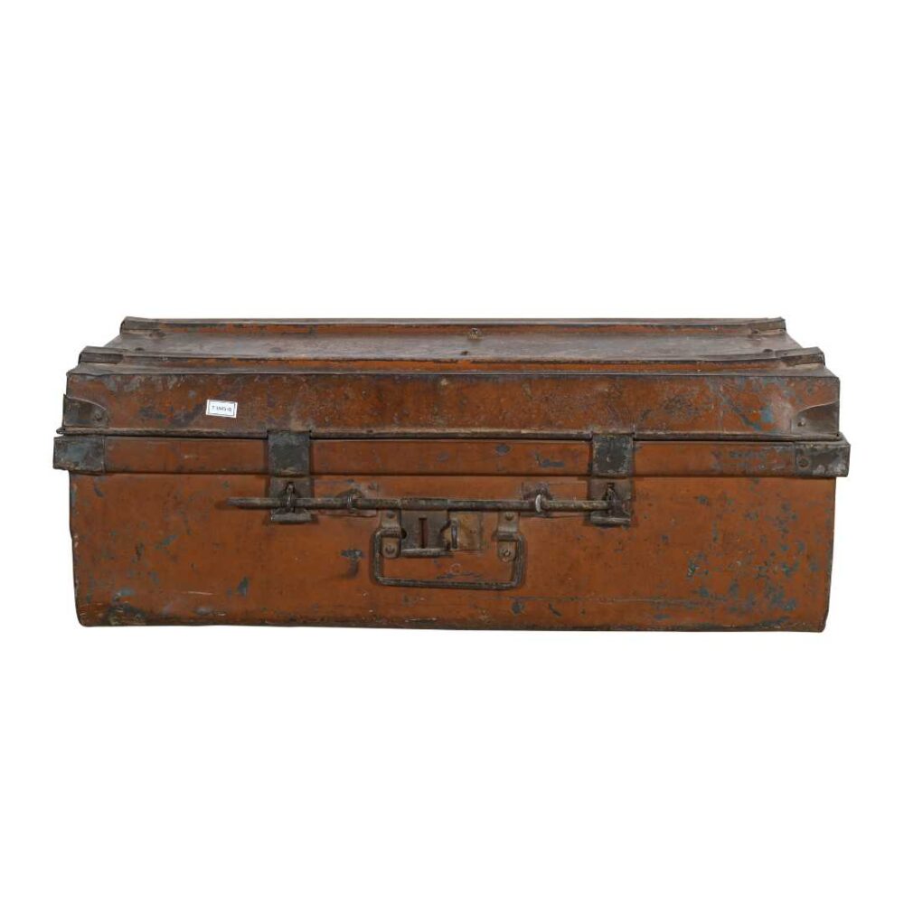 Vintage Burnt Sienna & Turquoise Blue Indian Iron Train Travel Case Chest Coffee Table – c.1930 - Image 3