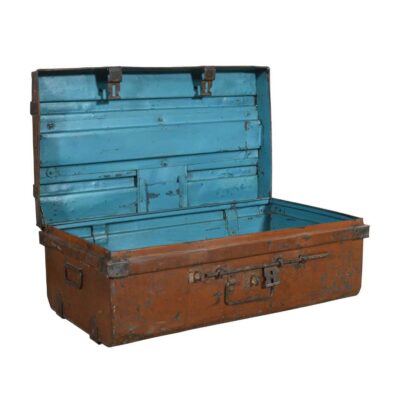Vintage Burnt Sienna & Turquoise Blue Indian Iron Train Travel Case Chest Coffee Table – c.1930