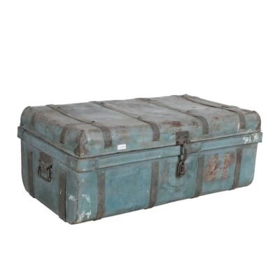 Vintage Slate Blue Indian Iron Train Travel Case Chest Coffee Table – c.1930