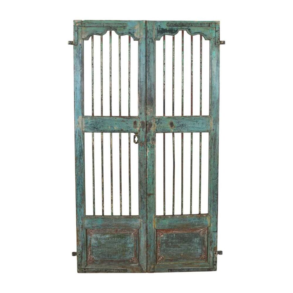 Antique Verdigris Green Indian Painted Teak Wood Jali Door Garden Gate Pair – Gujarat, 19th Century