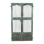 Antique Verdigris Green Indian Painted Teak Wood Jali Door Garden Gate Pair – Gujarat, 19th Century