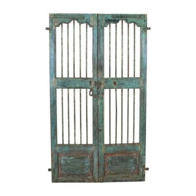 Antique Verdigris Green Indian Painted Teak Wood Jali Door Garden Gate Pair – Gujarat, 19th Century