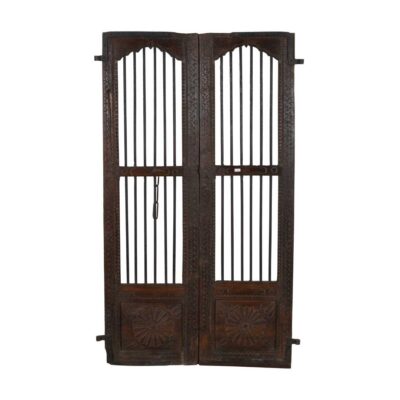 Antique Dark Walnut Brown Indian Teak Jali Door Garden Gate Pair – Gujarat, 19th Century