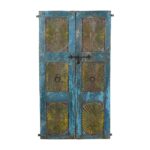 Antique Teal Blue & Sunburst Ochre Indian Painted Teak Wood Pair of Doors – 1880s Gujarat