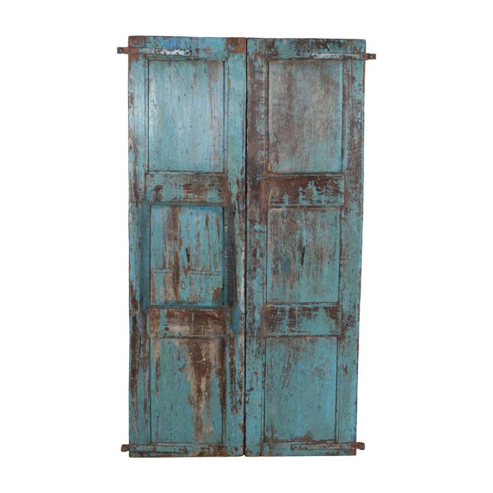 Antique Teal Blue & Sunburst Ochre Indian Painted Teak Wood Pair of Doors – 1880s Gujarat - Image 2