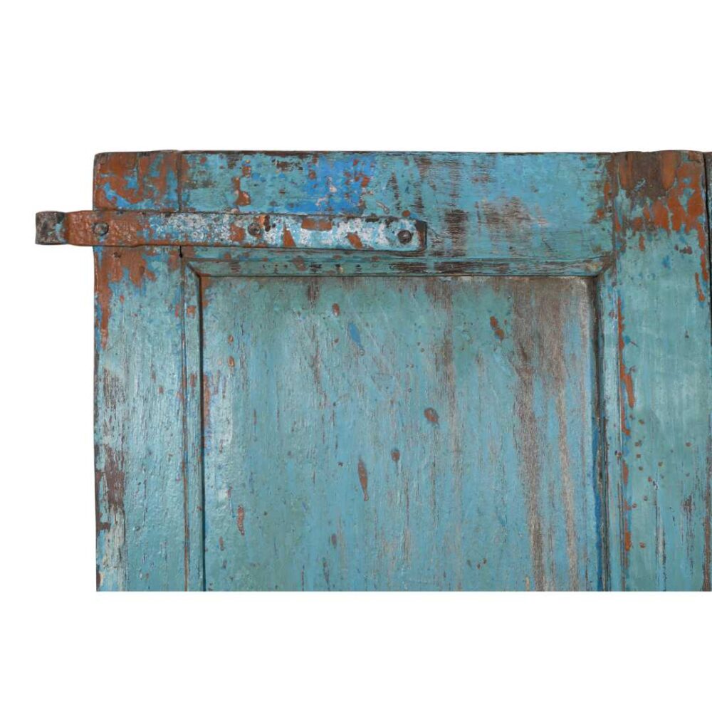 Antique Teal Blue & Sunburst Ochre Indian Painted Teak Wood Pair of Doors – 1880s Gujarat - Image 4