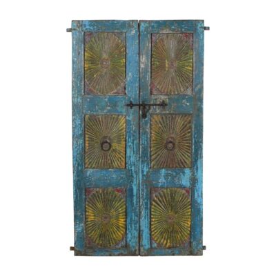 Antique Teal Blue & Sunburst Ochre Indian Painted Teak Wood Pair of Doors – 1880s Gujarat