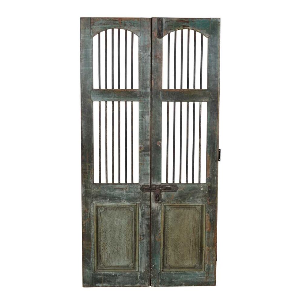 Antique Verdigris & Teal Patina Indian Teak Jali Door Garden Gate Pair – Gujarat, 19th Century