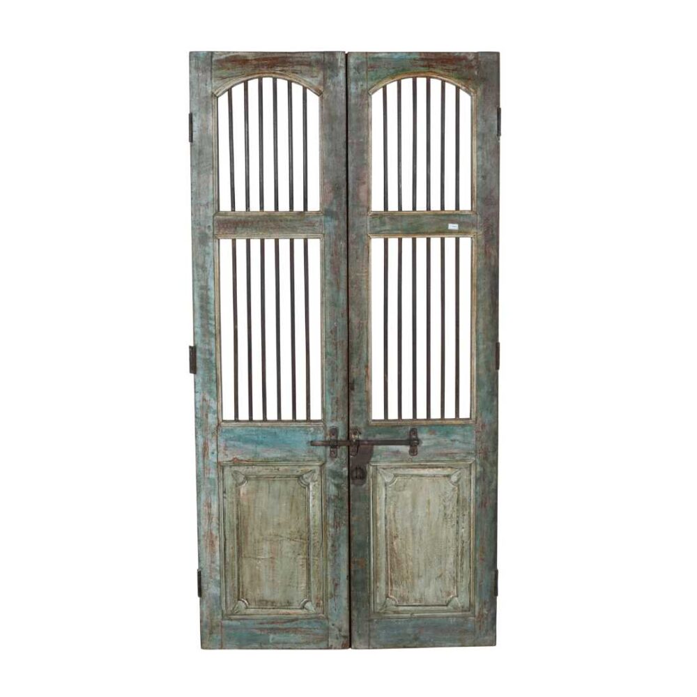 Antique Verdigris & Teal Patina Indian Teak Jali Door Garden Gate Pair – Gujarat, 19th Century - Image 2