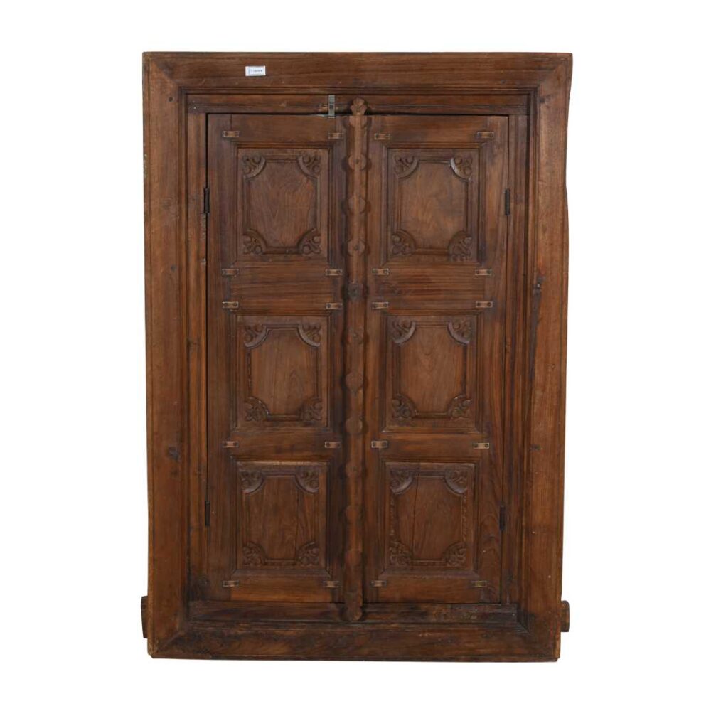 Antique Walnut Brown Indian Teak Wood Shutter Mirror – 19th Century Rajasthan