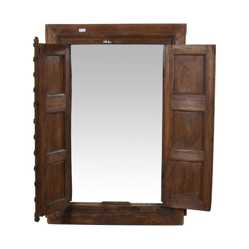 Antique Walnut Brown Indian Teak Wood Shutter Mirror – 19th Century Rajasthan - Image 4