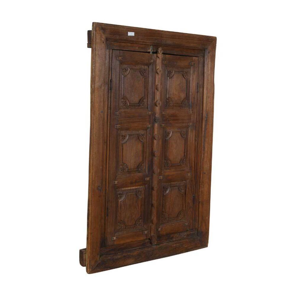 Antique Walnut Brown Indian Teak Wood Shutter Mirror – 19th Century Rajasthan - Image 3