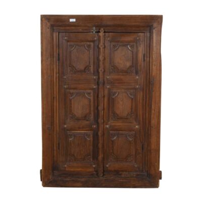 Antique Walnut Brown Indian Teak Wood Shutter Mirror – 19th Century Rajasthan