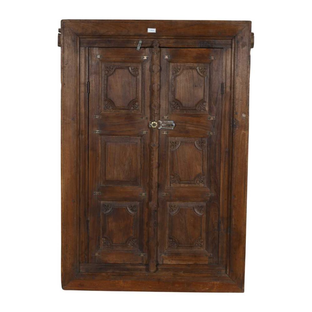 Antique Dark Walnut Brown Indian Teak Wood Shutter Mirror – 19th Century Rajasthan - Image 2