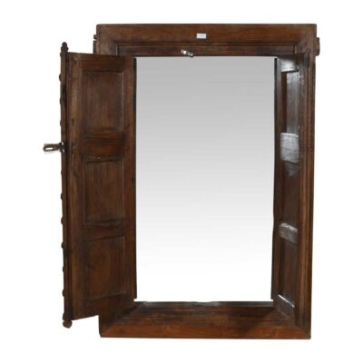 Antique Dark Walnut Brown Indian Teak Wood Shutter Mirror – 19th Century Rajasthan