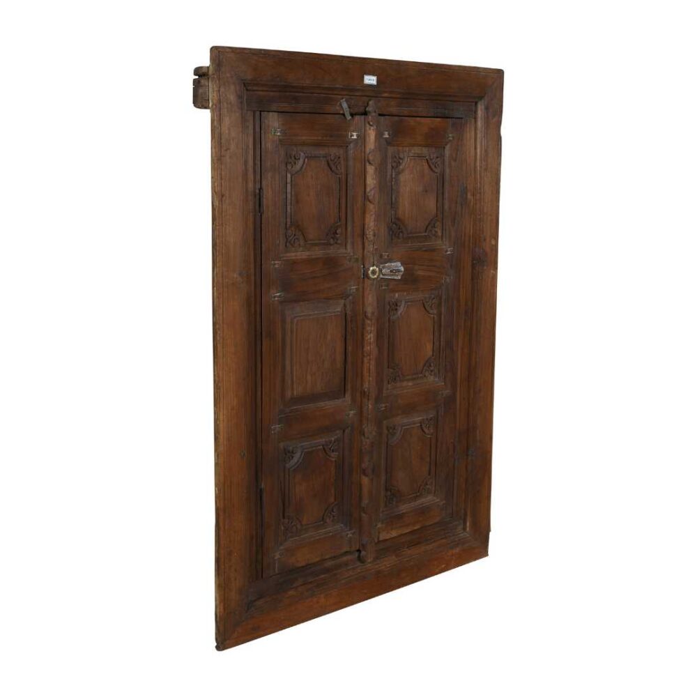 Antique Dark Walnut Brown Indian Teak Wood Shutter Mirror – 19th Century Rajasthan - Image 4