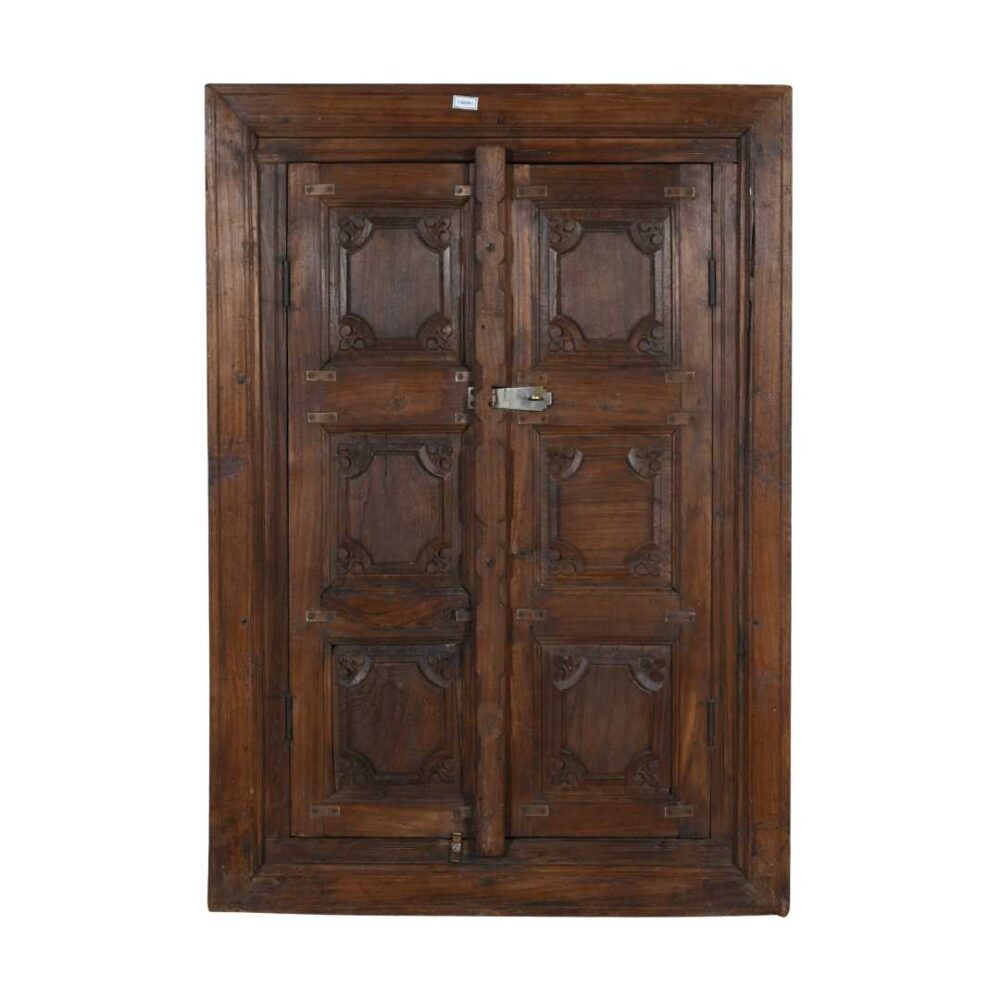 Antique Dark Walnut Brown Indian Teak Shutter Mirror – 19th Century Rajasthan - Image 2