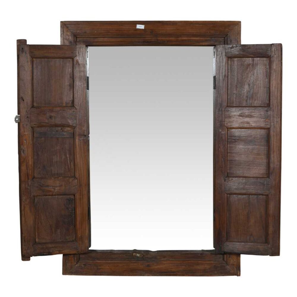 Antique Dark Walnut Brown Indian Teak Shutter Mirror – 19th Century Rajasthan