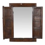 Antique Dark Walnut Brown Indian Teak Shutter Mirror – 19th Century Rajasthan