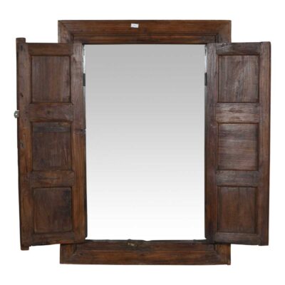 Antique Dark Walnut Brown Indian Teak Shutter Mirror – 19th Century Rajasthan
