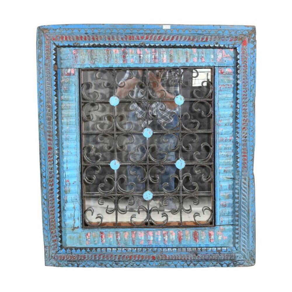 Antique Azure Blue Indian Teak & Iron Jali Window Mirror – 19th Century Rajasthan