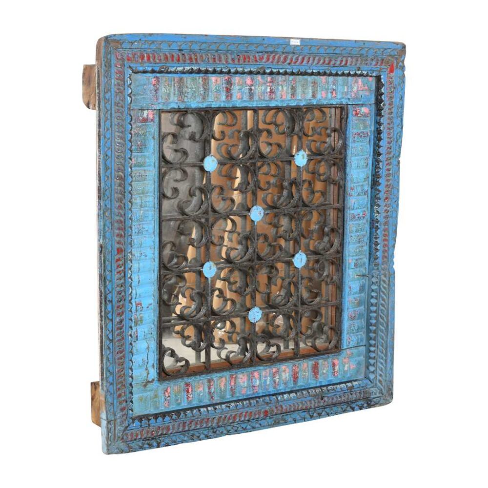 Antique Azure Blue Indian Teak & Iron Jali Window Mirror – 19th Century Rajasthan - Image 2