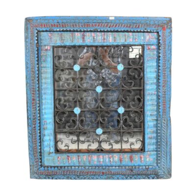 Antique Azure Blue Indian Teak & Iron Jali Window Mirror – 19th Century Rajasthan