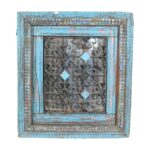 Antique Azure Blue Indian Teak & Iron Jali Window Mirror – 19th Century Rajasthan