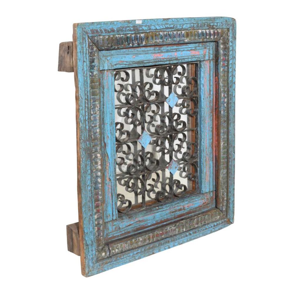 Antique Azure Blue Indian Teak & Iron Jali Window Mirror – 19th Century Rajasthan - Image 2