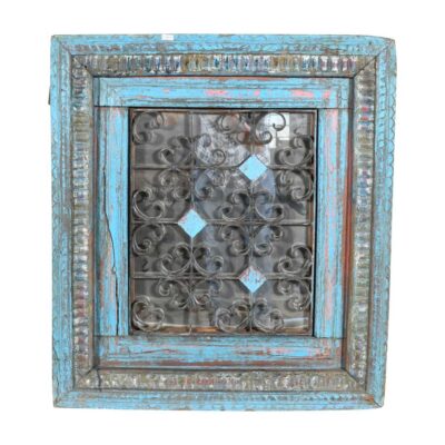 Antique Azure Blue Indian Teak & Iron Jali Window Mirror – 19th Century Rajasthan