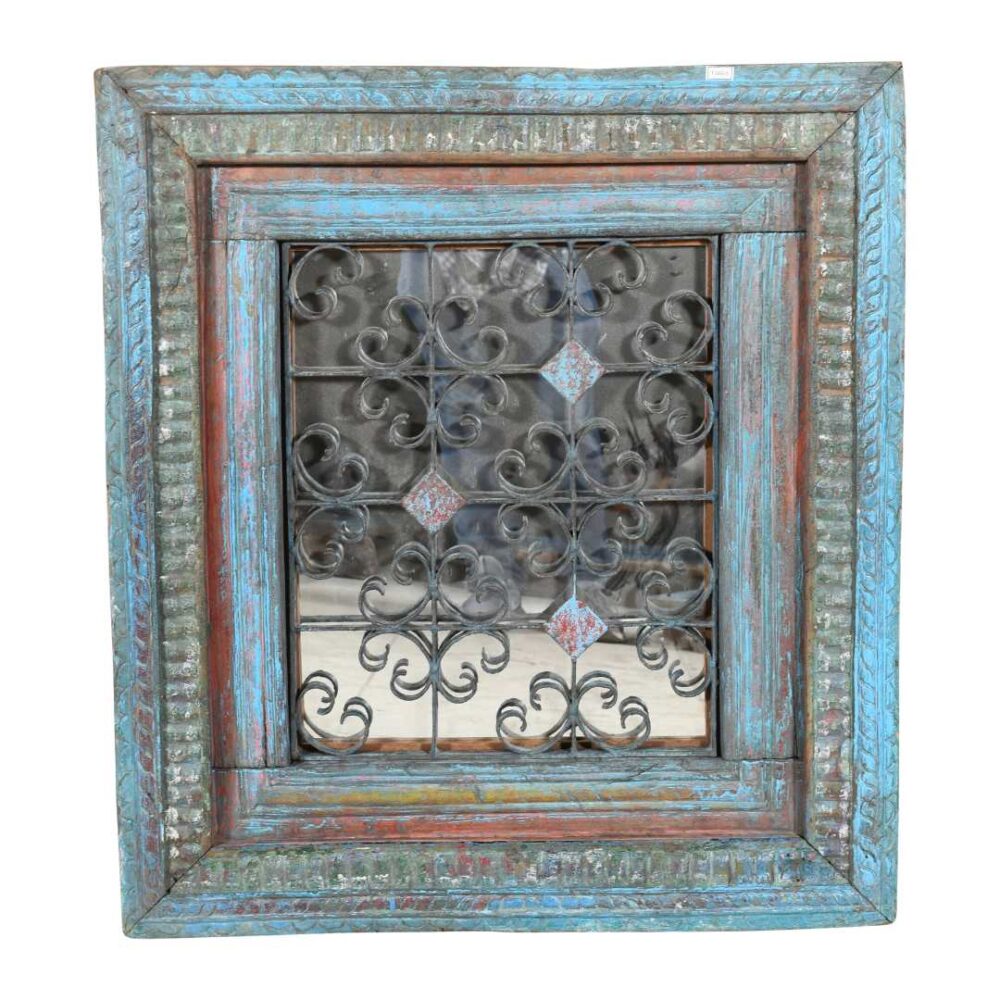 Antique Azure Blue Indian Teak & Iron Jali Window Mirror – 19th Century Rajasthan