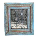Antique Azure Blue Indian Teak & Iron Jali Window Mirror – 19th Century Rajasthan