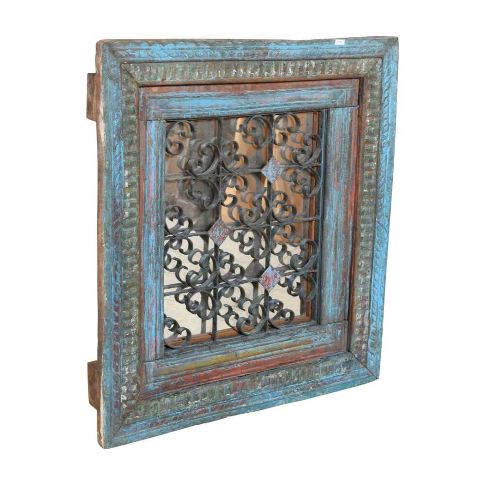 Antique Azure Blue Indian Teak & Iron Jali Window Mirror – 19th Century Rajasthan - Image 2