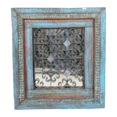 Antique Azure Blue Indian Teak & Iron Jali Window Mirror – 19th Century Rajasthan