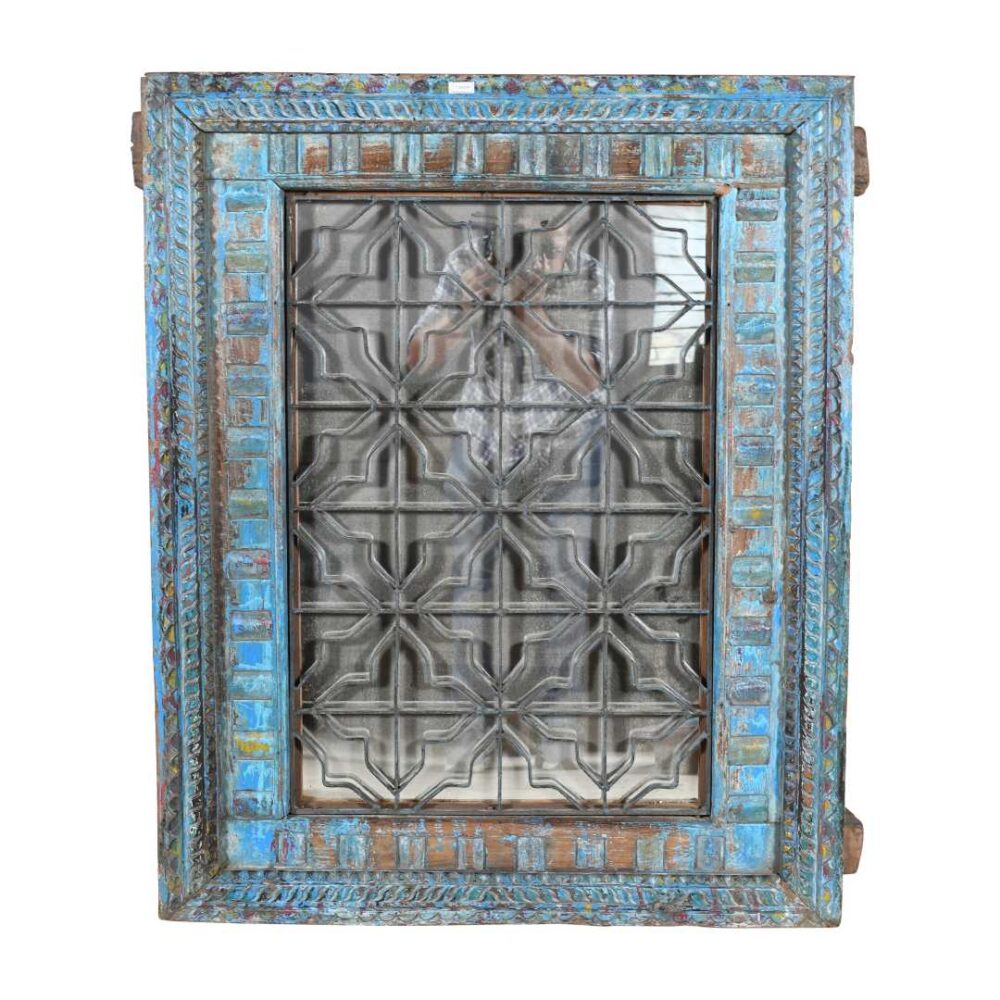Antique Azure Blue Indian Teak & Iron Jali Window Mirror – 19th Century Rajasthan