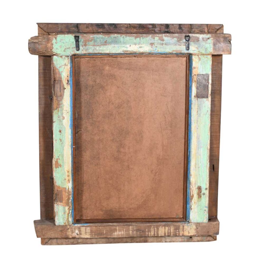 Antique Azure Blue Indian Teak & Iron Jali Window Mirror – 19th Century Rajasthan - Image 3